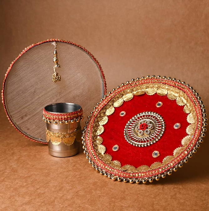 Red Lace Karwa Chauth Thali Set 12