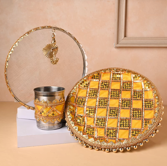 Yellow Karwa Thali Chalni N Glass 18