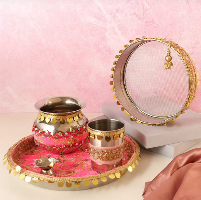 Fluorescent Pink Karwa Chauth Thali Set 24