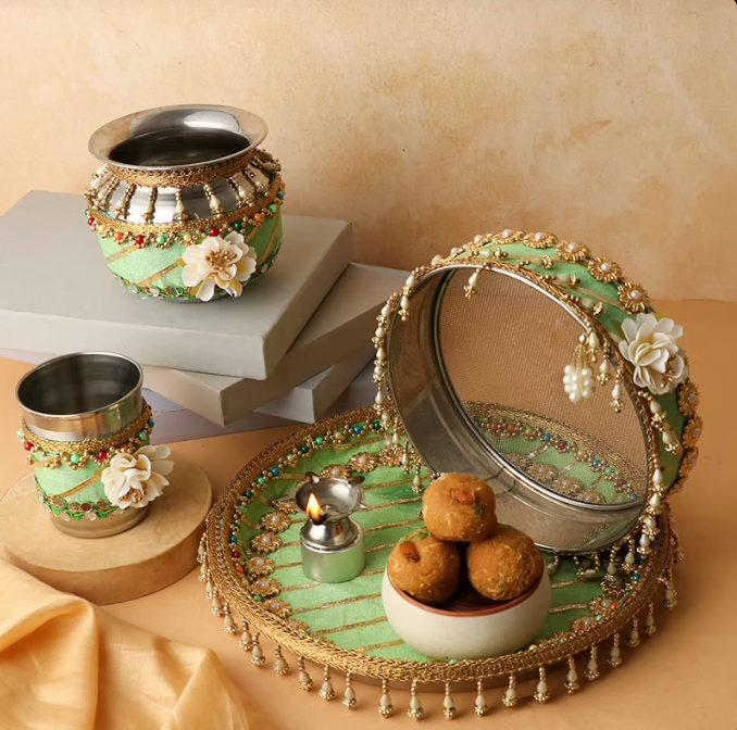 Fluorescent Green Thali Set N Panjeeri Laddoo 6
