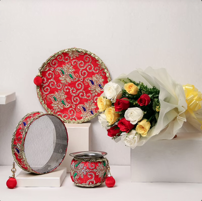 Beautiful Karva Thali set with Rose Beautiful Karva Thali set with Rose