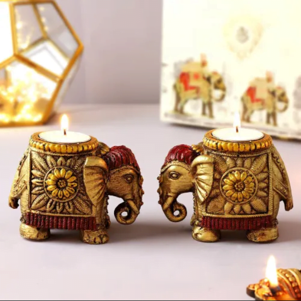 Elephant Hand Painted T-Light Holder (set of 2) Elephant Hand Painted T-Light Holder (set of 2)
