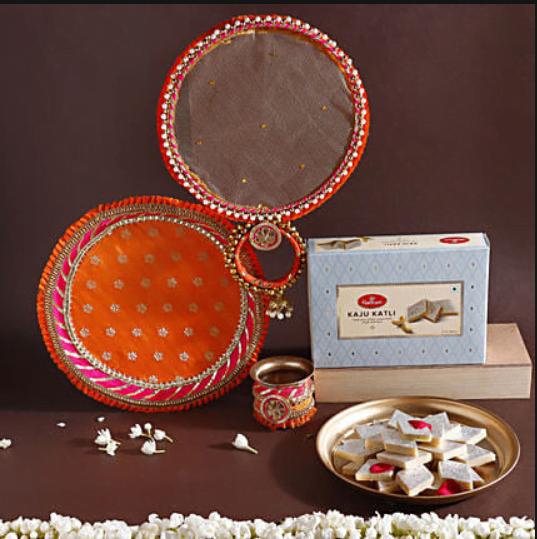 Floral Karwachauth Thali Set N Haldiram Kaju Katli Floral Karwachauth Thali Set N Haldiram Kaju Katli