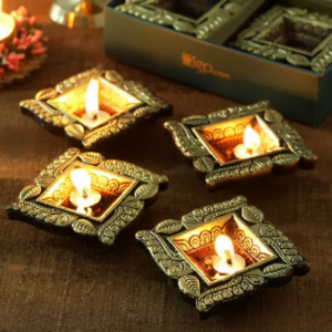Square Clay Diyas in Oxidized Metallic Paint- Set of 4