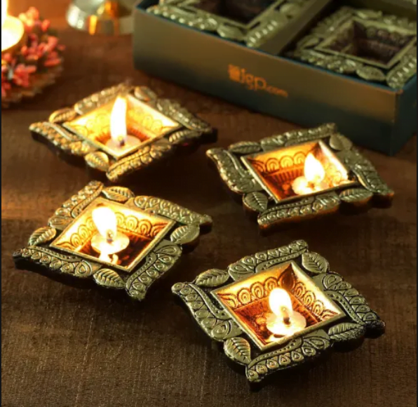 Square Clay Diyas in Oxidized Metallic Paint- Set of 4 Square Clay Diyas in Oxidized Metallic Paint- Set of 4