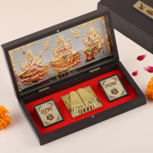 Laxmi, Ganesha, Saraswati Gold & Silver Plated Charan Paduka in Box
