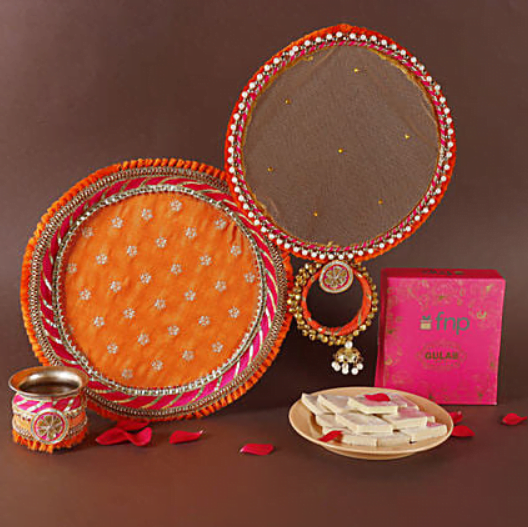 Floral Karwachauth Thali Set N Gulab Kaju Katli Floral Karwachauth Thali Set N Gulab Kaju Katli