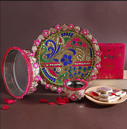 Peacock Karwachauth Thali Set N Gulab kaju Katli Peacock Karwachauth Thali Set N Gulab kaju Katli
